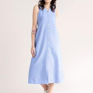FableStreet Women Casual Midi Cotton Button Down A-Line Dress | Button Down Flowly Dress Perfect for Outings