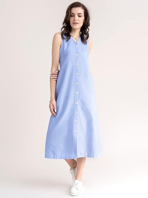 FableStreet Women Casual Midi Cotton Button Down A-Line Dress | Button Down Flowly Dress Perfect for Outings