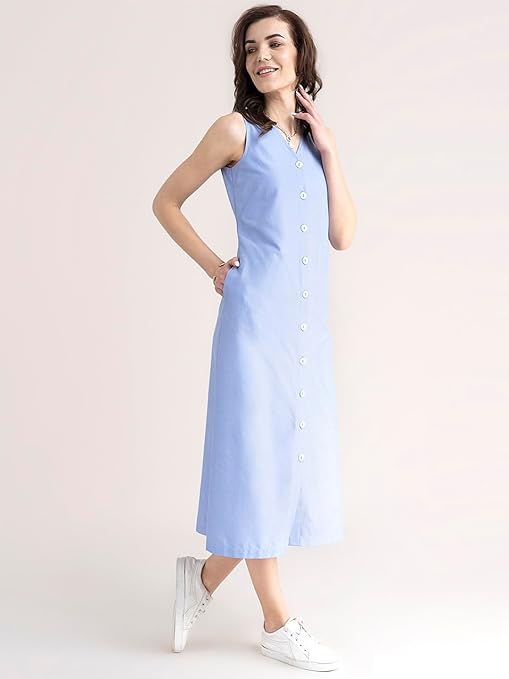 FableStreet Women Casual Midi Cotton Button Down A-Line Dress | Button Down Flowly Dress Perfect for Outings - Image 2