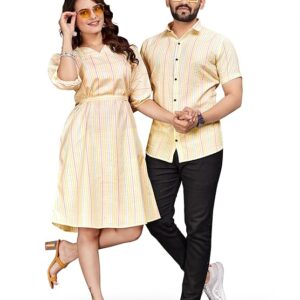 Couple Combo Set | Cotton Fabric Striped Weaving Design | Men's Shirt & Women's One Piece Dress